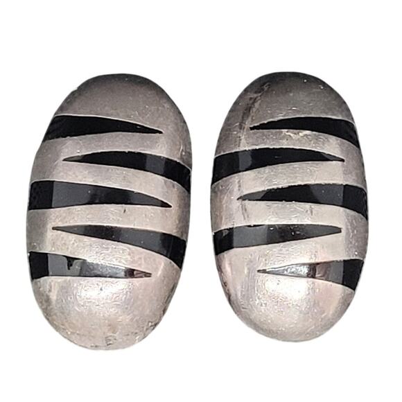 Vintage Luxe Statement Tiger-Stripe Onyx 925 Silver Clip-On Earrings Retro Chic - Picture 1 of 9